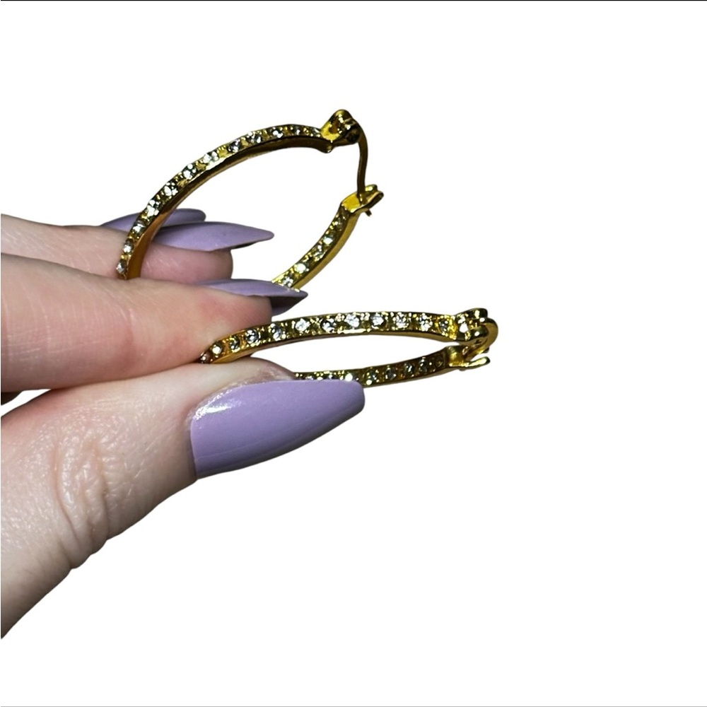 Gold Plated Rhinestone Oval Hoop Earrings - Picture 5 of 6